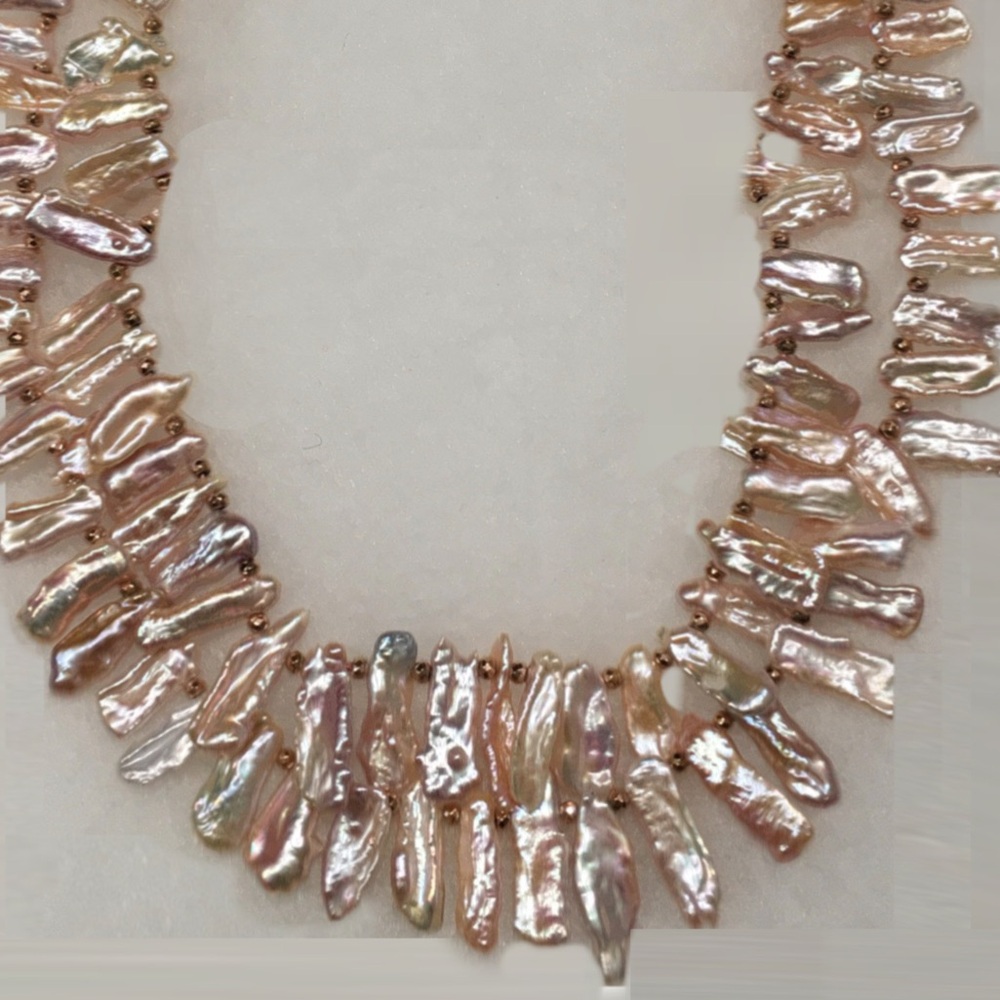 Double Strand Freshwater Stick Pearl Necklace Peach/Pink 14K Rose Gold Clasp NWT - Picture 4 of 11